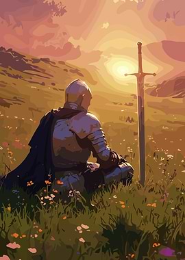 Knight in Field at Sunset