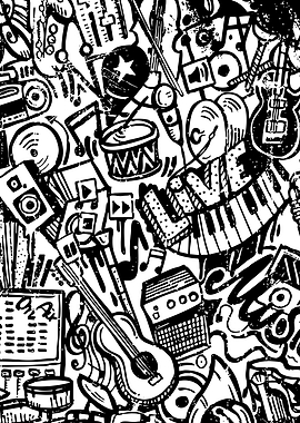 Music Instruments Black and White Doodle