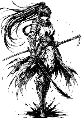 Female Warrior with Swords - Black and White