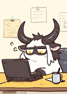 Cartoon Bull Working on Laptop