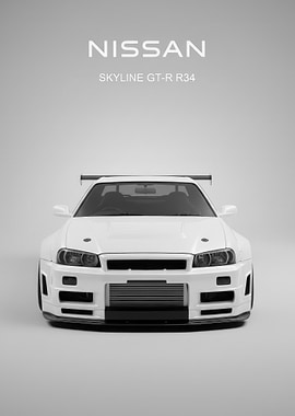 white Nissan Skyline R34 Front poster