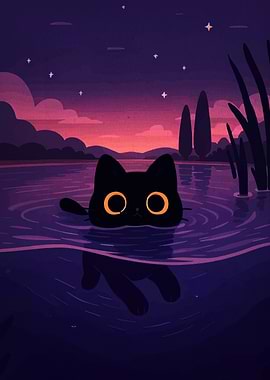 Black Cat Swimming in Lake
