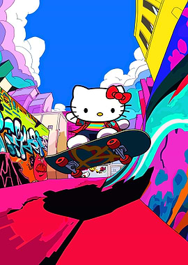 Hello Kitty Skateboarding in Urban Landscape