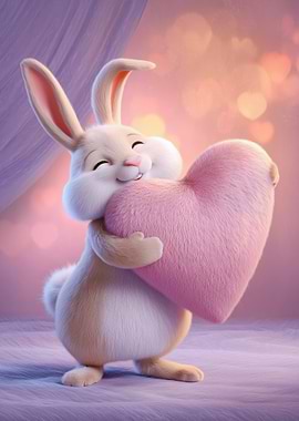 Cute Bunny Hugging Pink Heart