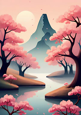 Cherry Blossoms and Mountain Landscape
