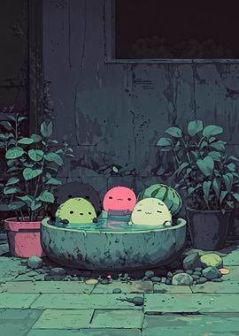 Cute creatures in a stone bath