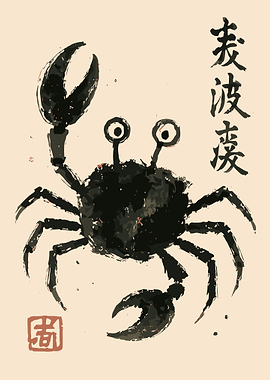Crab Sumi-e Japanese Art Poster, Minimal Ink Illustration Print, Traditional Asian Wall Art