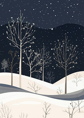 Winter Night Landscape with Bare Trees
