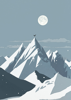 Snowy Mountains with Moon and Bird