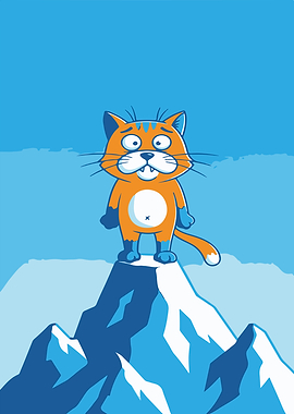 Cartoon Cat on Mountain Peak