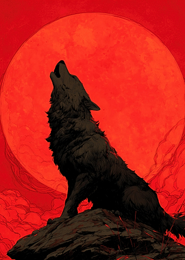 Howling Wolf Red Moon