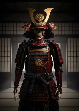 'Eternal Warrior' Samurai Skeleton in Full Armor – Japanese Feudal Art Design
