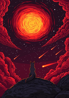 Wolf Watching Meteors and Red Sun