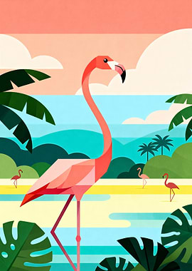 Geometric Flamingo Tropical Landscape Art