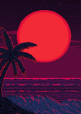 Pixel Art Red Moon Beach