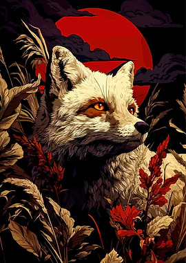 Fox Portrait with Red Moon