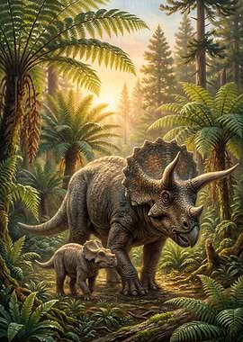 Triceratops Family in Prehistoric Jungle