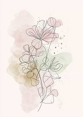 Floral Line Art with Watercolor Background