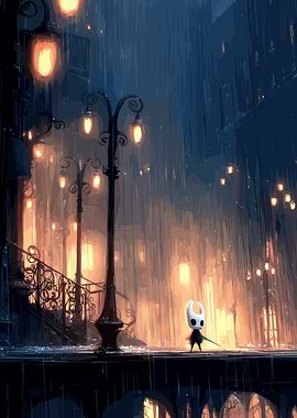Hollow Knight in Rainy Cityscape