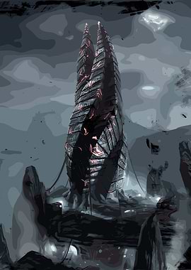 Monolith structure with glowing red runes