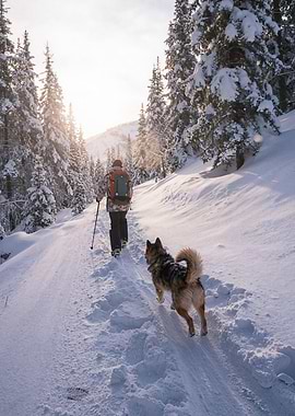 Winter Hike with Dog in Snowy Forest