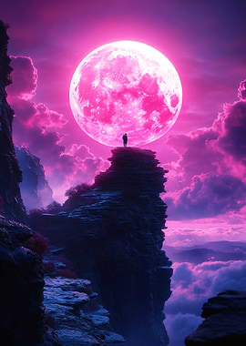 Pink Moon Over Mountain Peak