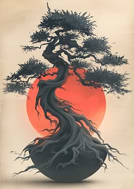 Bonsai Tree with Red Sun