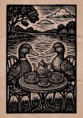 Ducks Having Tea Party Woodcut Print