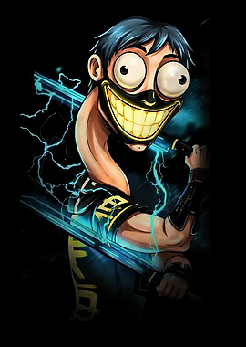 Cartoon Warrior with Glowing Swords