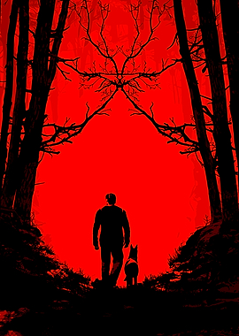 Man and Dog in Red Forest