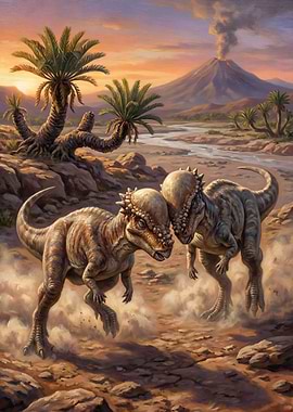 Pachycephalosaurus Dinosaurs Butting Heads Landscape