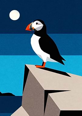 Puffin on Cliff Under Moonlight