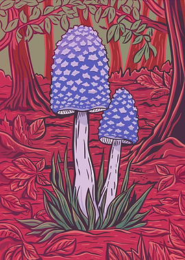 Purple Mushrooms in a Red Forest