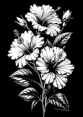 Hibiscus Flowers Black and White Illustration
