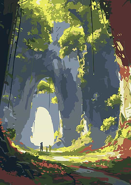 Lush Forest Cave Digital Painting