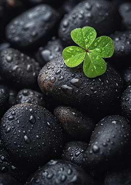Four-leaf clover on wet black stones