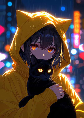 Mysterious Anime Girl in Yellow Hoodie with Glowing Black Cat on Rainy Night