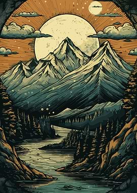 Mountain Landscape with River and Moon
