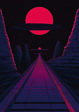 Retro Sci-Fi Landscape with Red Sun