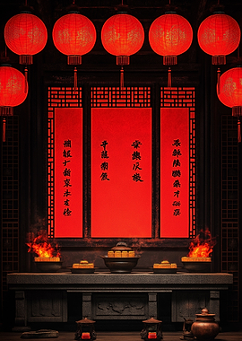 Chinese Temple with Red Lanterns