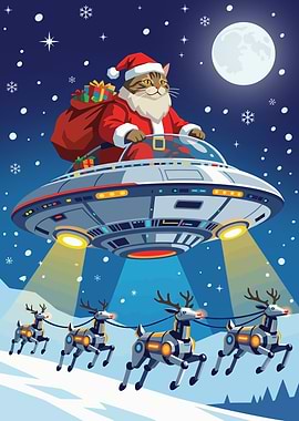 Cat Santa in UFO with Robot Reindeer