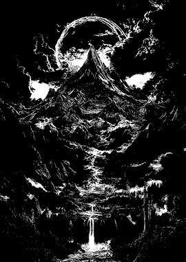 Monochrome Mountain Landscape with Waterfall