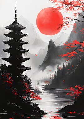 Japanese Pagoda with Red Sun