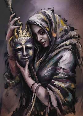 Masked Enigma Woman Holding a Flaming Crown Mask – Dark Fantasy Art