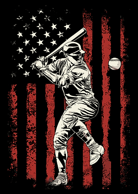 Baseball Player Poster with American Flag, Vintage Sports Wall Art, Patriotic Baseball Print