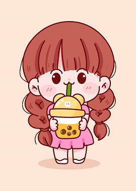 Cute Girl Drinking Bubble Tea Cartoon