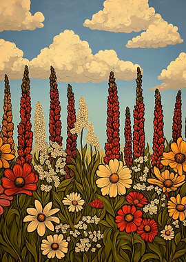 Floral Meadow Under Cloudy Sky