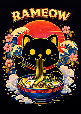 Rameow: Cat Eating Ramen Illustration