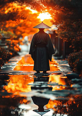 Japanese Monk in Golden Sunset Reflection