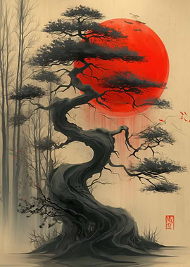 Japanese Bonsai Tree with Red Sun